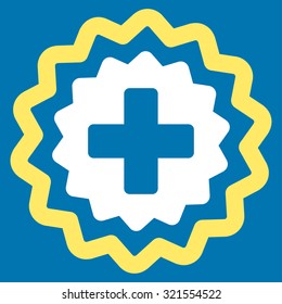 Medical Cross Stamp vector icon. Style is bicolor flat symbol, yellow and white colors, rounded angles, blue background.