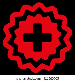 Medical Cross Stamp vector icon. Style is flat symbol, red color, rounded angles, black background.