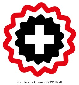 Medical Cross Stamp vector icon. Style is bicolor flat symbol, intensive red and black colors, rounded angles, white background.