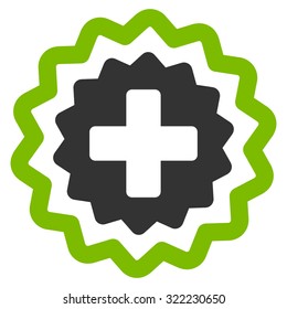Medical Cross Stamp vector icon. Style is bi-color flat symbol, eco green and gray colors, rounded angles, white background.