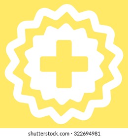 Medical Cross Stamp vector icon. Style is flat symbol, white color, rounded angles, yellow background.