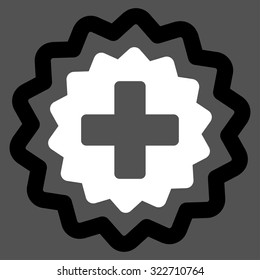 Medical Cross Stamp vector icon. Style is bicolor flat symbol, black and white colors, rounded angles, gray background.