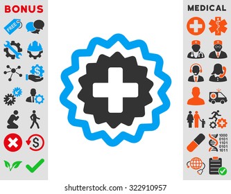 Medical Cross Stamp vector icon. Style is bicolor flat symbol, blue and gray colors, rounded angles, white background.