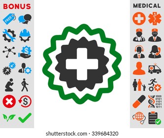 Medical Cross Stamp vector icon with bonus. Style is bicolor flat symbol, green and gray colors, rounded angles, white background.