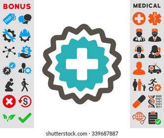 Medical Cross Stamp vector icon with bonus. Style is bicolor flat symbol, grey and cyan colors, rounded angles, white background.