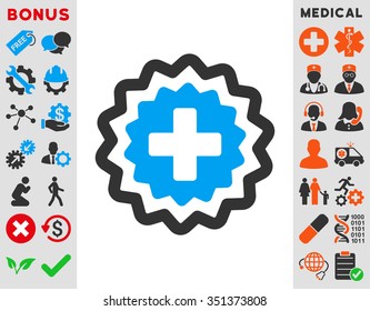 Medical Cross Stamp vector icon. Style is bicolor flat symbol, blue and gray colors, rounded angles, white background.
