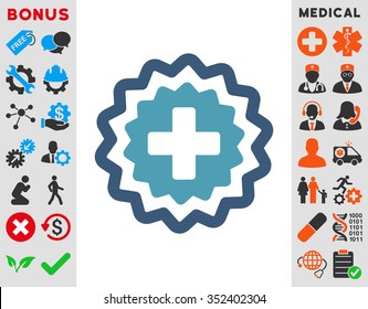 Medical Cross Stamp vector icon. Style is bicolor flat symbol, cyan and blue colors, rounded angles, white background.