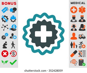 Medical Cross Stamp vector icon. Style is bicolor flat symbol, soft blue colors, rounded angles, white background.