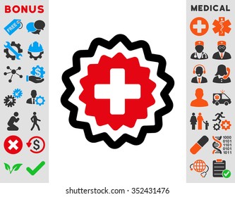 Medical Cross Stamp vector icon. Style is bicolor flat symbol, intensive red and black colors, rounded angles, white background.