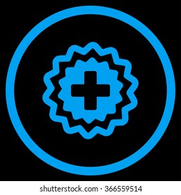Medical Cross Stamp vector icon. Style is flat circled symbol, blue color, rounded angles, black background.