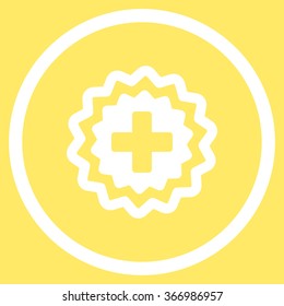 Medical Cross Stamp vector icon. Style is flat circled symbol, white color, rounded angles, yellow background.