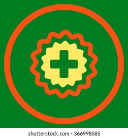 Medical Cross Stamp vector icon. Style is bicolor flat circled symbol, orange and yellow colors, rounded angles, green background.