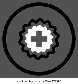 Medical Cross Stamp vector icon. Style is bicolor flat circled symbol, black and white colors, rounded angles, gray background.
