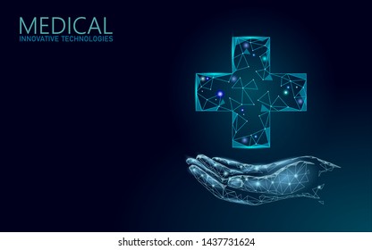 Medical cross symbol doctor online concept. Medical consultation app. Web healthcare diagnosis geometric modern hospital network banner. Calling pharmacy market background low poly