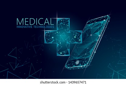 Medical cross symbol doctor online concept. Medical consultation app. Web healthcare diagnosis geometric modern hospital network banner. Calling pharmacy market background low poly