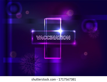 Medical cross symbol on Neon glowing style Vector background. Virus protection concept for Stopping pandemia. 
Vaccinations - save humanity from epidemics of dangerous Disease, coronavirus