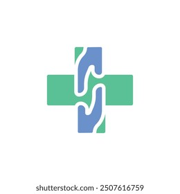 Medical cross symbol with two hands logo