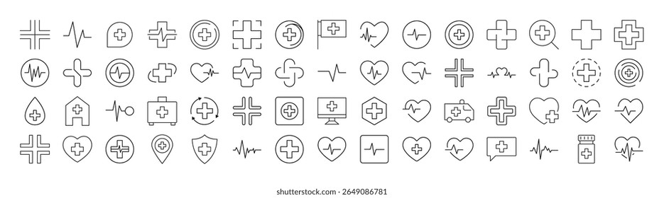 Conjunto de ícones de linha fina cruzada médica. Outline Signs para Gráficos e Web Design, Apps, Anúncios, Vários Cartões 