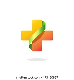 Medical cross vector logo isolated on white background, orange pharmacy symbol with green ribbon, creative clinic brand sign, modern design