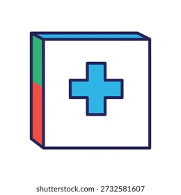 Medical Cube with Cross Icon in Flat Style for Healthcare