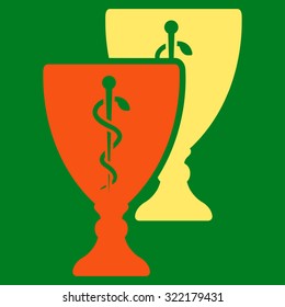 Medical Cups vector icon. Style is bicolor flat symbol, orange and yellow colors, rounded angles, green background.