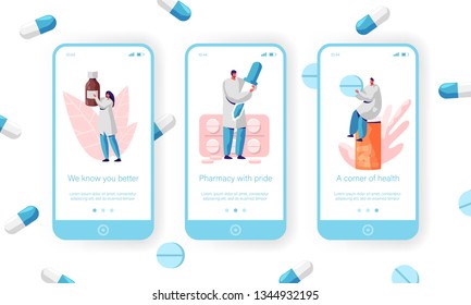 Medical Customer Seller, Healthcare Concept Mobile App Page Onboard Screen Set. Pharmacist Sale Antibiotic, Vitamin and Pill with Prescription for Website or Web Page. Flat Cartoon Vector Illustration