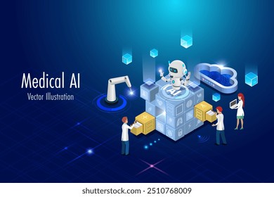 Cibernético médico. Dados de pesquisa de robôs de IA no sistema de rede de cadeia de blocos médicos. Tecnologia de inteligência artificial, como assistente em pesquisa de ciência de dados, diagnóstico do problema de saúde do paciente.