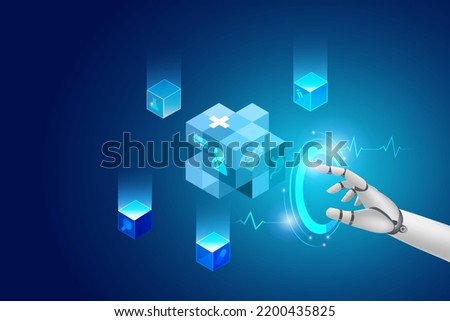 Medical cybernetic robotics technology. Robot hand touching medical block chain service network connection. Artificial intelligence robot assist doctor on surgery and medical health in hospital.
