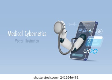 Medical cybernetics and artificial intelligence robot. AI robotic hand holding stethoscope on smartphone app diagnose patient health problem. 3D vector.