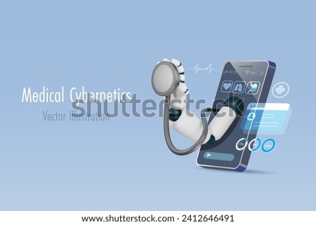 Medical cybernetics and artificial intelligence robot. AI robotic hand holding stethoscope on smartphone app diagnose patient health problem. 3D vector.