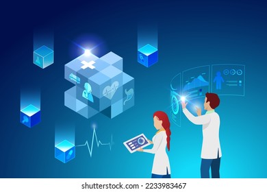 Concepto de cibernetica médica. Equipo médico analizando grandes datos médicos en el sistema de tecnología de cadena de bloques. Inteligencia artificial en servicios médicos y de salud futurista. vector 3D.