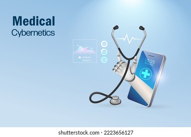 Medical cybernetics concept. Robotics hand holding stethoscope, online consultation, manipulating patient data system. Artificial intelligence in medical and healthcare business futuristic service.