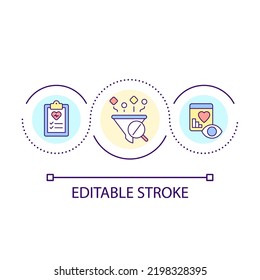 Medical Data Collection And Analysis Loop Concept Icon. Improving Patient Outcomes Abstract Idea Thin Line Illustration. Prediction Model. Isolated Outline Drawing. Editable Stroke. Arial Font Used