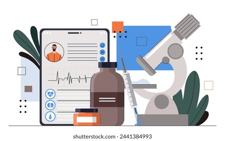 Medical data concept. Microscope and medicines, syringe. Healthcare and treatment, diagnosis. Patients information of health. Cartoon flat vector illustration isolated on white background