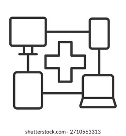 Red de datos médicos, icono en diseño de línea. red de datos médicos, atención médica digital, diagrama en Vector de fondo blanco. Icono de trazo editable de red de datos médicos