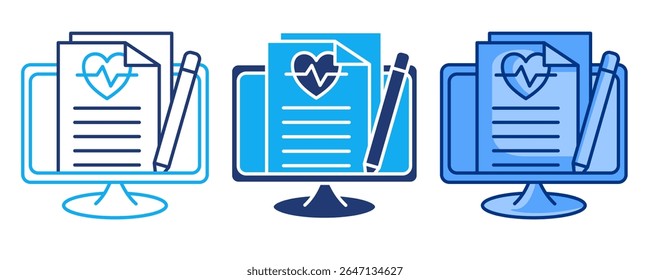 Medical data privacy icon represented by monitor, lock shiled, file, document Blue, Dualline, Dualtone style.