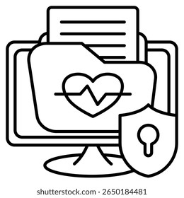 Ícone de privacidade de dados médicos representado por monitor, bloqueio blindado, arquivo, estilo de linha do documento.