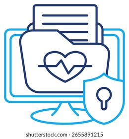 Ícone de privacidade de dados médicos representado pelo monitor, bloqueio blindado, arquivo, documento Dual Line estilo.