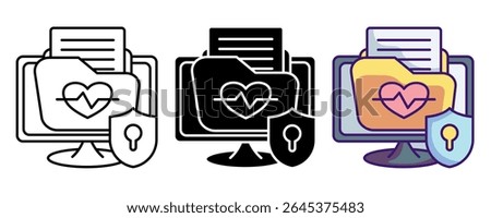 Medical data privacy icon represented by monitor, lock shiled, file, document Line, Filled, Color style.