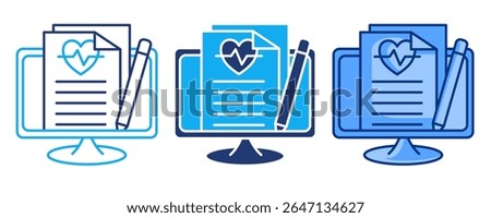 Medical data privacy icon represented by monitor, lock shiled, file, document Blue, Dualline, Dualtone style.
