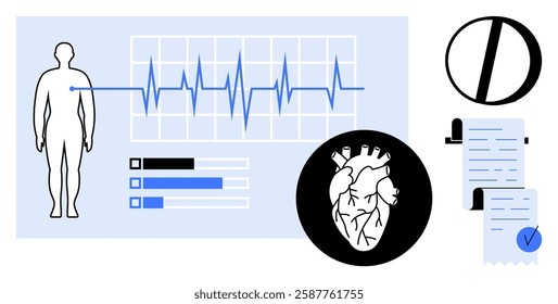 Medical data visualization, depicting a human outline with heartbeat graphs, a heart anatomy chart, and medical documents. Ideal for cardiology, healthcare, patient monitoring, medical records, data