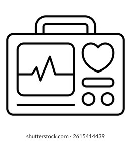 Medical defibrillator thin line icon, emergency service concept. Vector graphics. Paramedic rescuer tool, device sign on white background, linear style for mobile or design