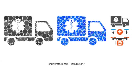 Medical delivery mosaic of filled circles in various sizes and color tones, based on medical delivery icon. Vector filled circles are organized into blue mosaic.