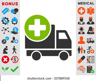 Medical Delivery vector icon with bonus. Style is bicolor flat symbol, eco green and gray colors, rounded angles, white background.