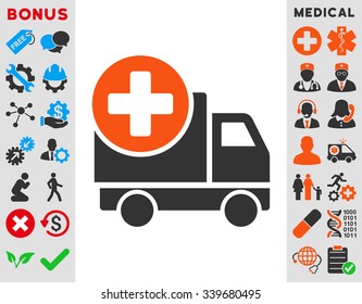 Medical Delivery vector icon with bonus. Style is bicolor flat symbol, orange and gray colors, rounded angles, white background.