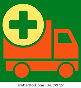 Medical Delivery vector icon. Style is bicolor flat symbol, orange and yellow colors, rounded angles, green background.