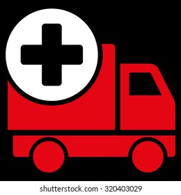 Medical Delivery vector icon. Style is bicolor flat symbol, red and white colors, rounded angles, black background.