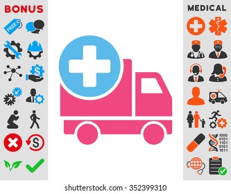 Medical Delivery vector icon. Style is bicolor flat symbol, pink and blue colors, rounded angles, white background.