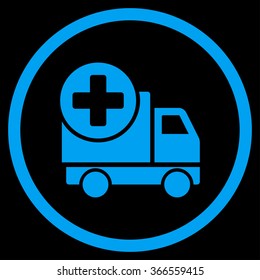 Medical Delivery vector icon. Style is flat circled symbol, blue color, rounded angles, black background.