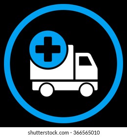 Medical Delivery vector icon. Style is bicolor flat circled symbol, blue and white colors, rounded angles, black background.